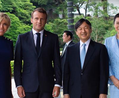 Brigitte et Emmanuel Macron avec l'empereur Naruhito et l'impératrice Masako au Japon en juin 2019 © ELIOT BLONDET / POOL / AFP