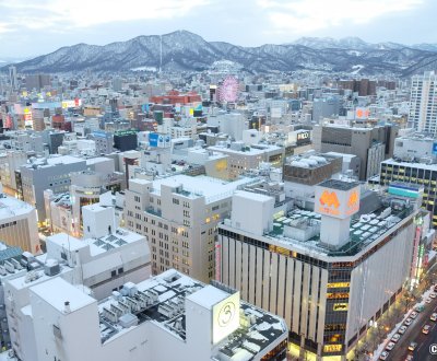 Tour de télévision de Sapporo, panorama sur la ville en direction du Mont Moiwa en hiver 