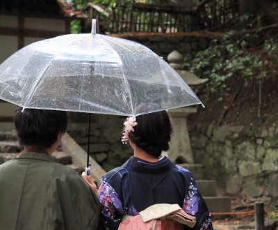 Kyoto, couple de Japonais en kimono sous un parapluie transparent