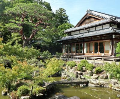 Yoshiki-en (Nara), jardin avec étang et maison de thé principale