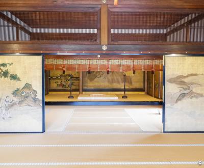 Shogo-in (Kyoto), intérieur du pavillon Shinden avec peintures sur portes Fusuma