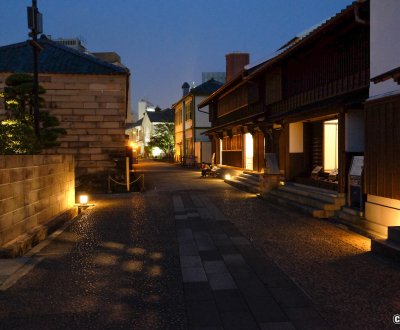 Dejima (Nagasaki), vue sur l'ancien quartier des étrangers à la tombée de la nuit