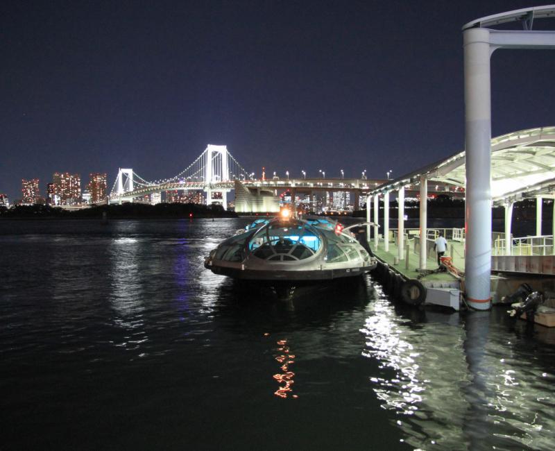 Croisière Himiko (Tokyo), vue nocturne sur le pont Rainbow Bridge depuis le port d'Odaiba Seaside Park