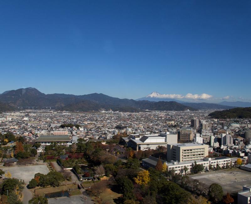Shizuoka, vue sur le Mont Fuji depuis le parc du château de Sunpu