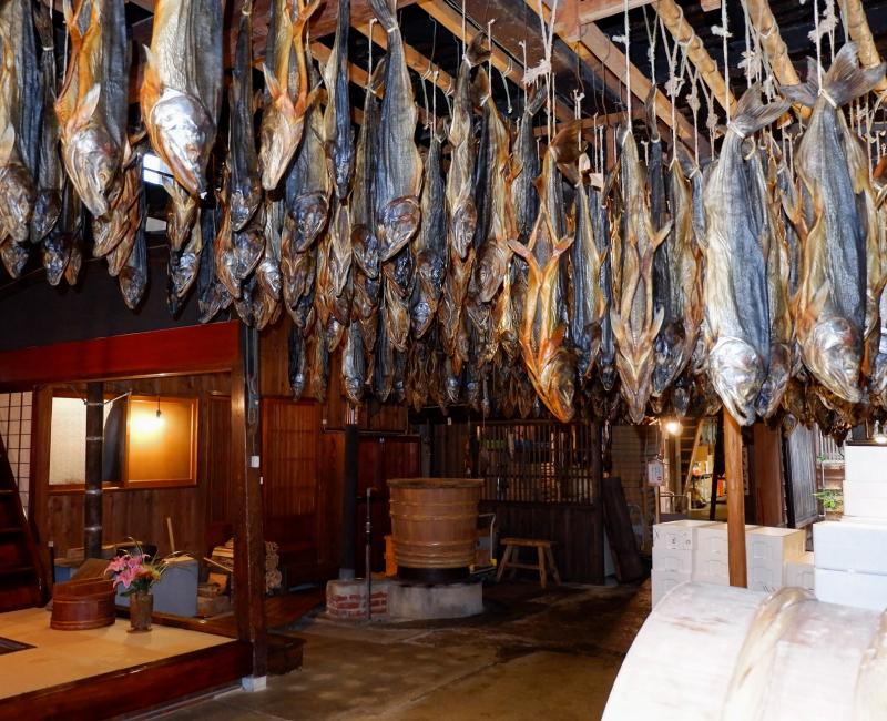 Saumons qui sèchent selon la tradition au magasin Sennensake Kikkawa