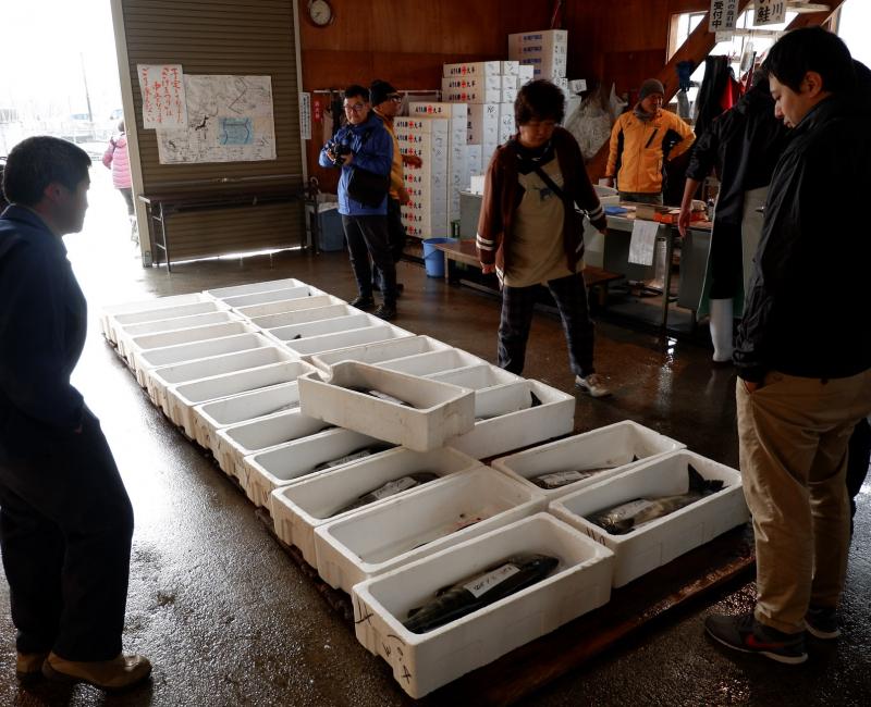 Murakami (Niigata), Vente des saumons pêchés sur la rivière Miomote Murakami (Niigata), Vente des saumons pêchés sur la rivière Miomote