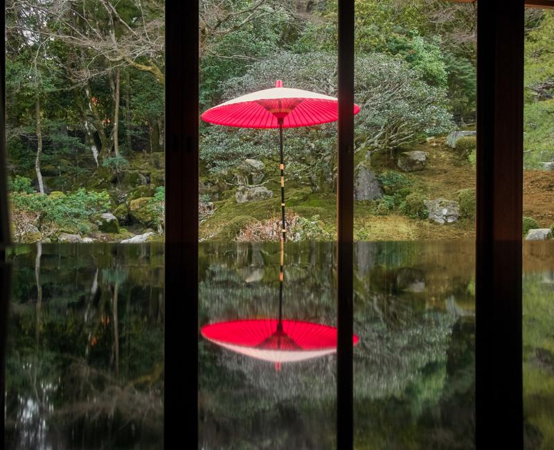 Vue symétrique du jardin Kyuchikurin-in depuis le pavillon principal Vue symétrique du jardin Kyuchikurin-in depuis le pavillon principal