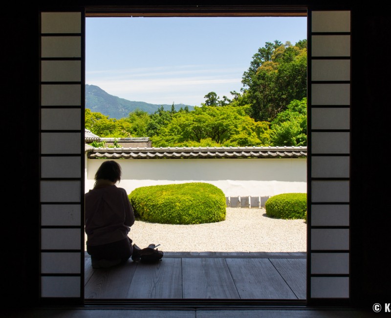 Shoden-ji (Kyoto), jardin sec et shakkei avec le mont Hiei 