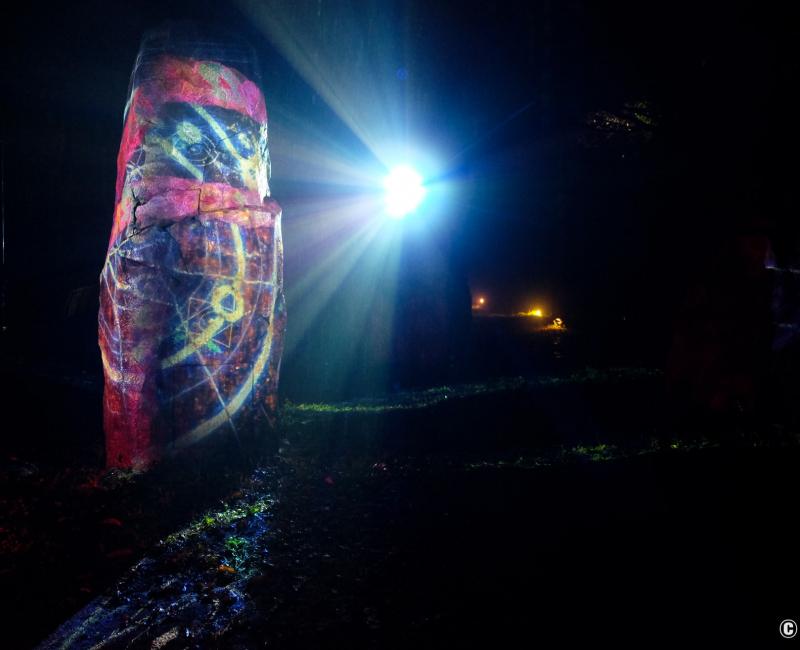 Nijigen no Mori, Night Walk Firebird, projection mapping vidéo sur rocher
