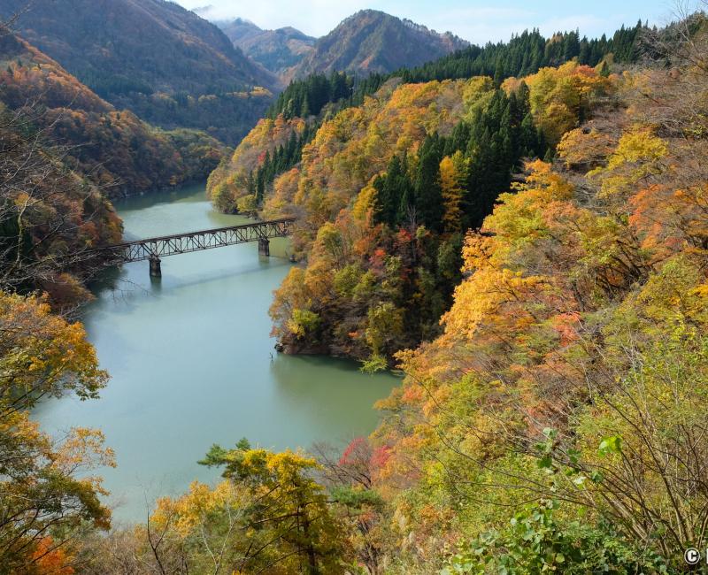 Oku Aizu, vue sur l'un des ponts ferroviaires de la ligne JR Tadami en automne Oku Aizu, vue sur l'un des ponts ferroviaires de la ligne JR Tadami en automne