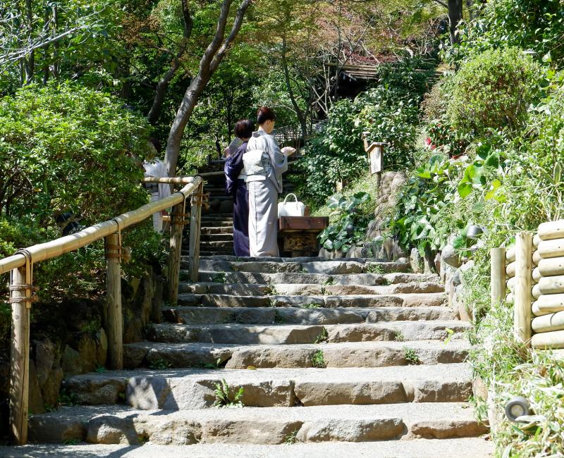Chinzan-so Teien (Tokyo), allée du jardin et japonaises en kimono