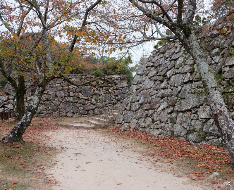 Château de Sumoto (Awaji), ruines et murs de pierre en automne