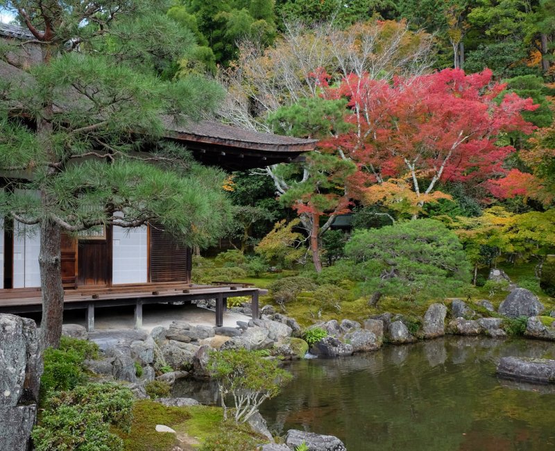 Ginkaku-ji (Kyoto), vue sur le pavillon Togu-do et l'étang en automne