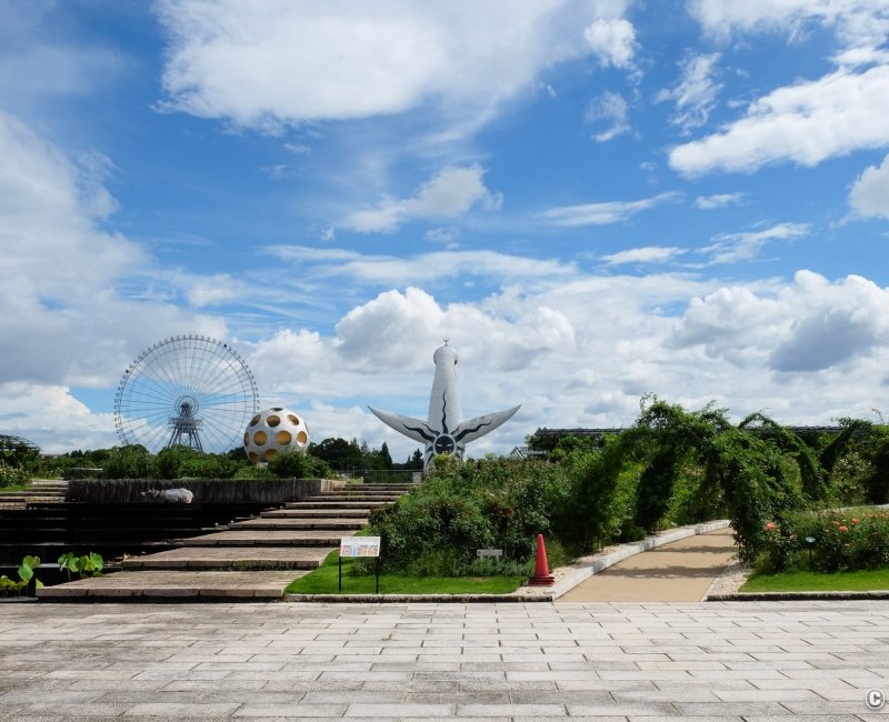 Parc Expo'70 (Osaka), jardin de roses et vue sur la Tour du Soleil et la grande roue de LaLaport EXPOCITY