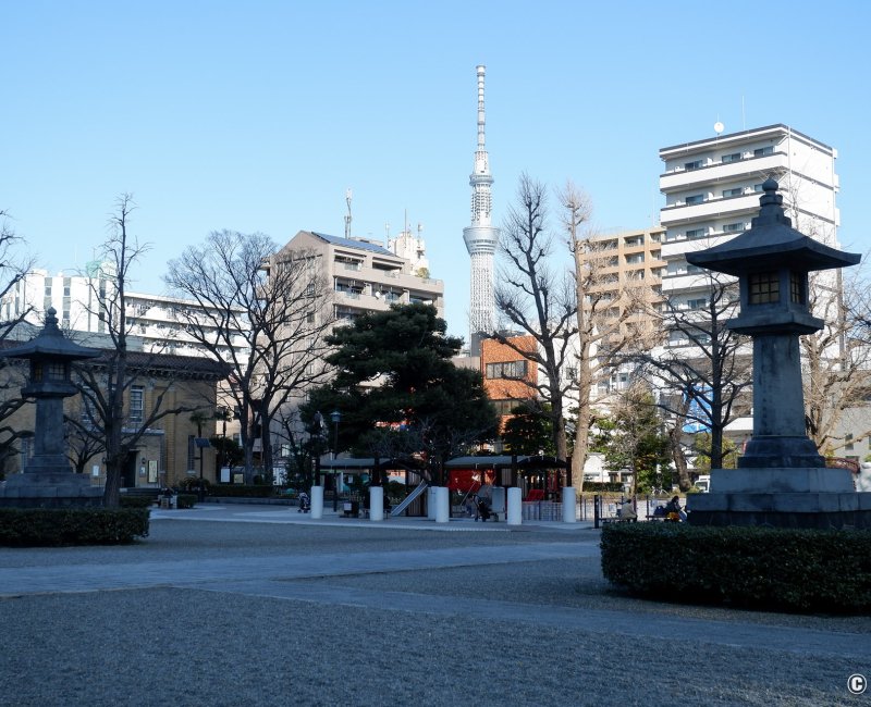 Parc Yokoamicho (Tokyo), vue sur le musée de la reconstruction de Tokyo et la tour Tokyo Skytree