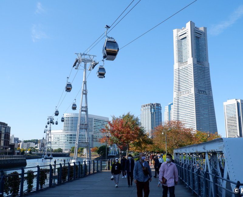Yokohama Air Cabin, vue sur le téléphérique depuis la promenade Kisha-michi Yokohama Air Cabin, vue sur le téléphérique depuis la promenade Kisha-michi