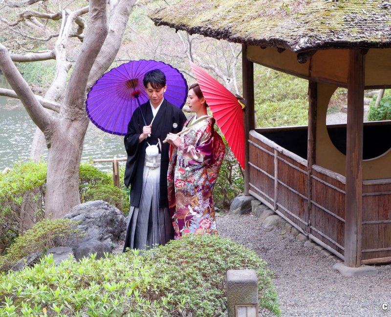 Happo-en (Tokyo), séance photo d'un couple en tenue traditionnelle de mariage au sein du jardin Happo-en (Tokyo), séance photo d'un couple en tenue traditionnelle de mariage au sein du jardin