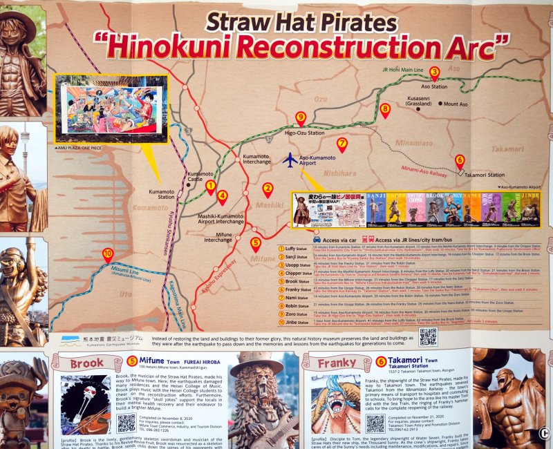 Pèlerinage One Piece à Kumamoto (Kyushu), aperçu de la carte papier des statues