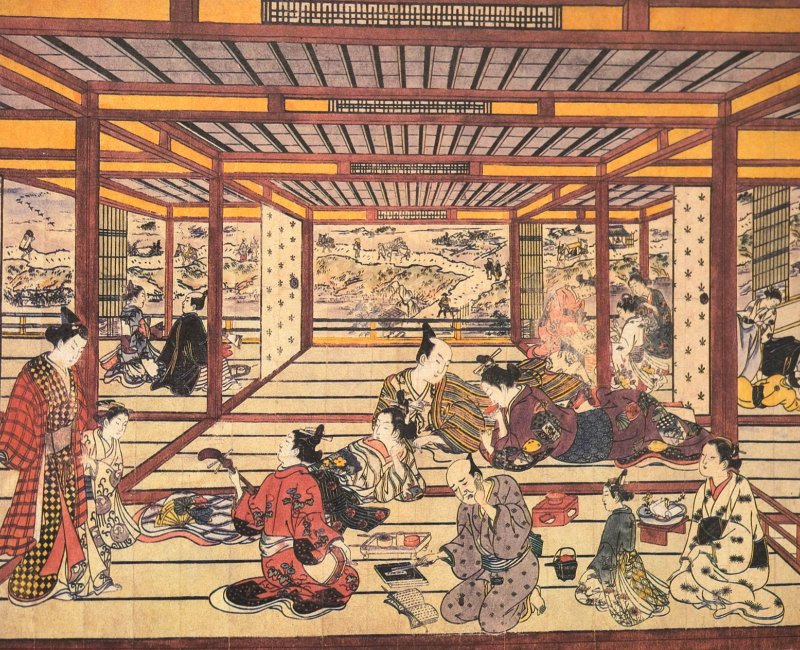 Kyoto, représentation d'une scène de la vie heureuse dans une maison de thé (artiste d'ukiyo-e Nishimura Shigenaga, 1745) Kyoto, représentation d'une scène de la vie heureuse dans une maison de thé (artiste d'ukiyo-e Nishimura Shigenaga, 1745)