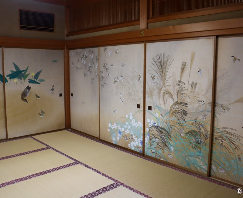 Chishaku-in (Kyoto), Portes fusuma peintes de motifs d'oiseaux et de fleurs