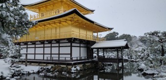 Kinkaku-ji (Kyoto), vue arrière sur le Pavillon d'Or sous la neige
