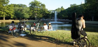 Parc Yoyogi à Tokyo, Visiteurs profitant de l'ombre et de l'étang en été 3