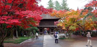 Heirin-ji (Tokyo), allée d'érables en période de Koyo et porte Sanmon du temple