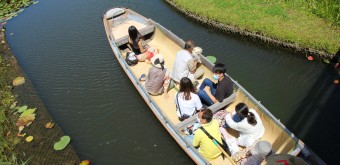 Parc Suigo Sawara Ayame (Chiba), balade en barque en chaussettes avec port du masque