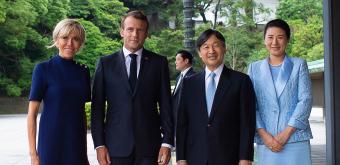 Brigitte et Emmanuel Macron avec l'empereur Naruhito et l'impératrice Masako au Japon en juin 2019 © ELIOT BLONDET / POOL / AFP