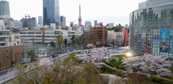 Roppongi Hills (Tokyo), vue sur Toranomon Hills, Tokyo Tower et le siège TV Asahi en période de sakura