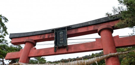 Shirahige Jinja, Détail d'un torii et sa corde sacrée shimenawa