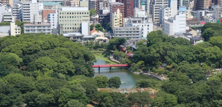 Vue sur l'étang Kawazokoike du Parc Tennoji depuis Tsutenkaku