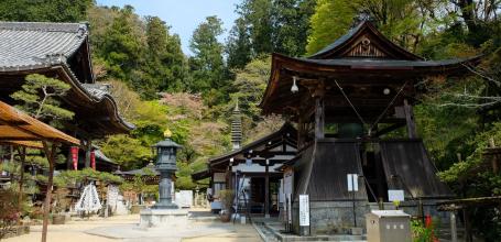 Oka-dera (Asuka), enceinte du temple au printemps et tour de la cloche Shoro-do