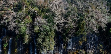 Chutes d'eau de Shiraito (Fujinomiya), panorama en hauteur avec vue sur le Mont Fuji en hiver