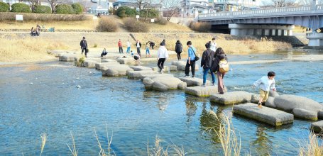 Delta de Demachiyanagi (Kyoto), vue sur le passage de la rivière en pierres de gué à la fin de l'hiver 2