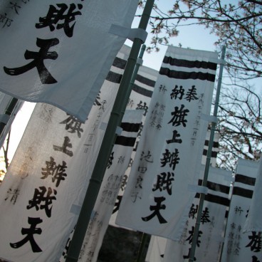 Kamakura, drapeaux kakemono au sanctuaire Tsurugaoka Hachiman-gu