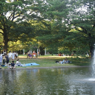 Parc Yoyogi à Tokyo, Visiteurs profitant de l'ombre et de l'étang en été 2