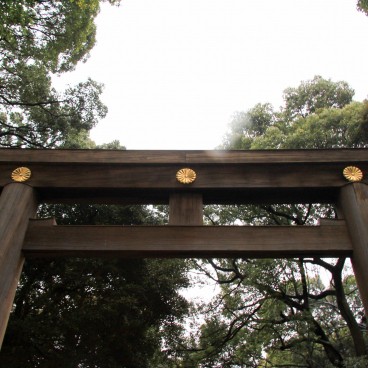 Meiji-jingu (Tokyo), reproduction du sceau du chrysanthème (emblème impérial) sur les portes Torii du sanctuaire