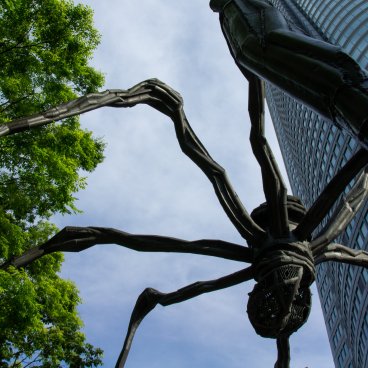 Roppongi Hills (Tokyo), statue araignée Maman et tour Mori au printemps