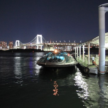 Croisière Himiko (Tokyo), vue nocturne sur le pont Rainbow Bridge depuis le port d'Odaiba Seaside Park