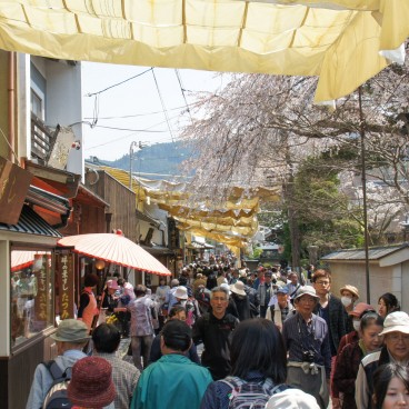 Mont Yoshino, Rue bondée des restaurants et boutiques au printemps