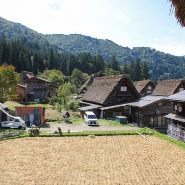 Shirakawa-go, Vue sur un champ et plusieurs maisons aux toits de chaume