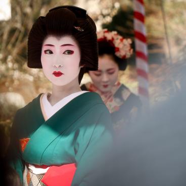 Kitano Tenmangu (Kyoto), Geisha et Maiko lors de la cérémonie du thé en plein air le 25 février