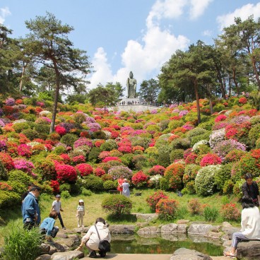 Statue de Kannon et petit bassin au temple Shiofune Kannon-ji à Ome 