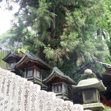 Hozan-ji (Nara), lanternes le long de l'escalier à l'entrée du temple
