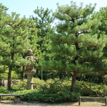 Parc Expo'70 (Osaka), pins et lanterne en pierre du jardin japonais