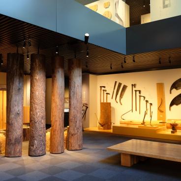 Musée des outils de charpentier de Takenaka, exposition d'essences de bois et de scies japonaises