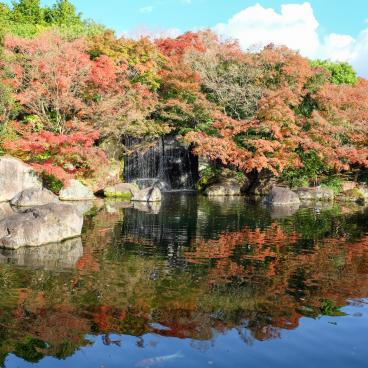 Koko-en, jardin de la résidence du seigneur, cascade et érables rouges en novembre 2