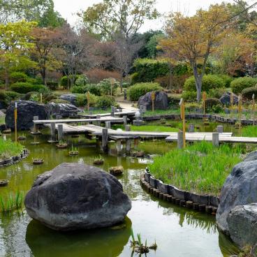 Parc Daisen (Sakai, Osaka), chemin sur pilotis au jardin japonais