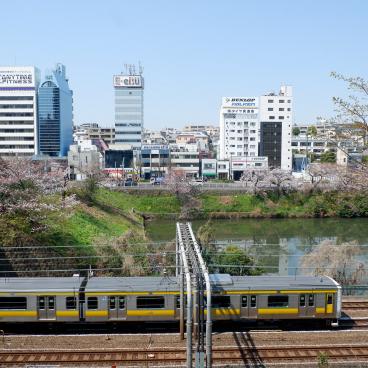 Parc Sotobori (Tokyo), vue sur une rame de train de la ligne Sobu 2
